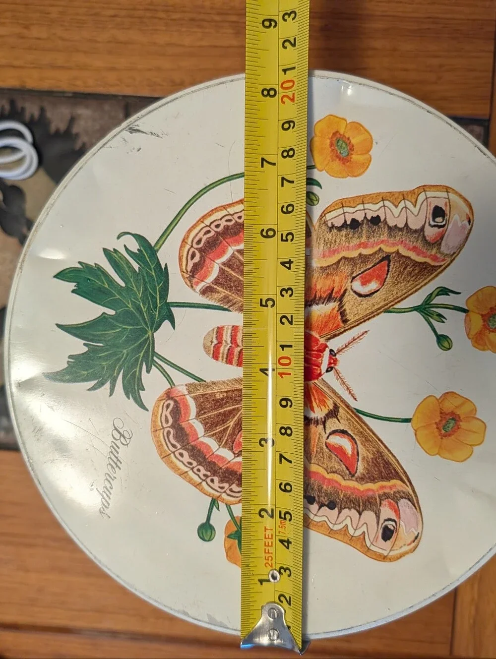 Vintage 80s Round Metal Butterfly Wildflower Circular Tin Botanical Floral Retro